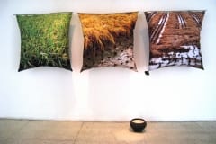 "HOMMAGE EMAKESELE RIISILE" installatsioon 2011  3 patja mõõdus 1m x1mx 30cm kangale trükitud Korea riisipõldude fotod,padjatäidis,bambuspulk,riis,metall<br /> "HOMMAGE to MOTHER RICE" installation 2011  3 pillows measures 1mx1mx30cm photos of rice fields in South Korea printed on cancas, pillowfill,bamboo,rice,metal